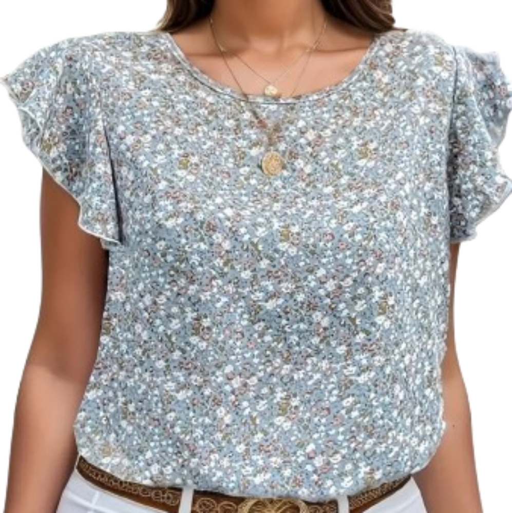 Emory Rose Light Green Floral Print Flounce Slv Round Neck Blouse Sz XL